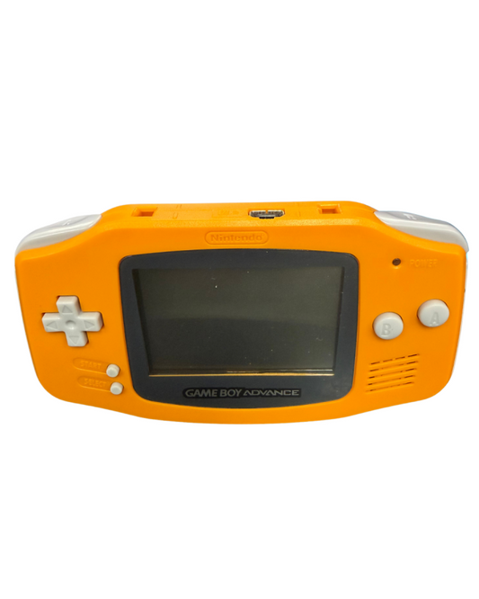 Game Boy Advance handheld system in orange featuring horizontal design, color screen, rechargeable battery, and compatibility with Game Boy Advance cartridges for portable gaming