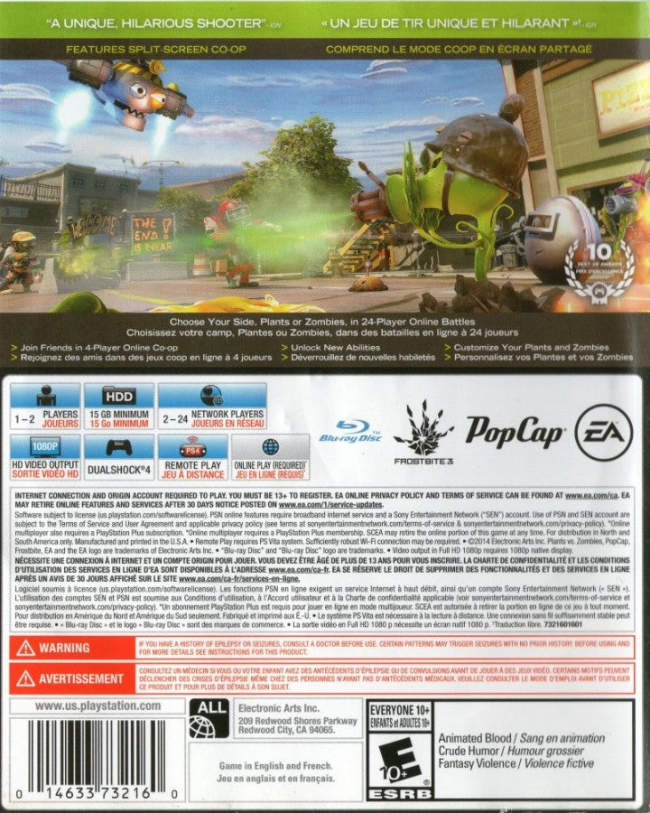 Plants vs. Zombies: Garden Warfare – PlayStation 4 (PS4) video game back of case, third-person shooter with strategic defense elements