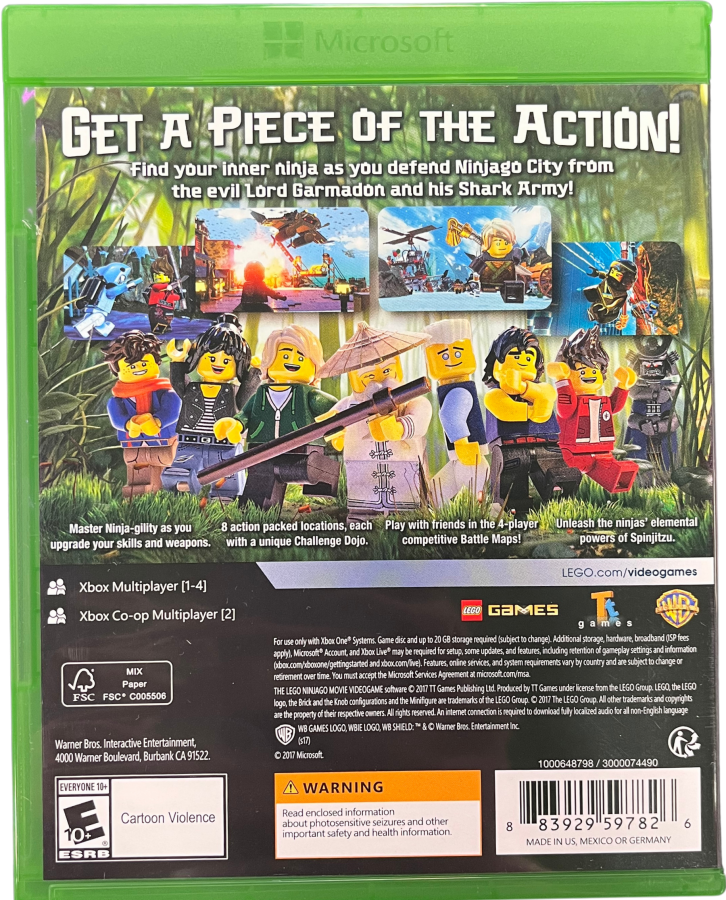 LEGO NINJAGO Video Game Xbox One for retro video game enthusiasts featuring action adventure gameplay martial arts combat cooperative multiplayer missions LEGO building mechanics ninja themed exploration humorous storytelling and collectible gaming appeal back art
