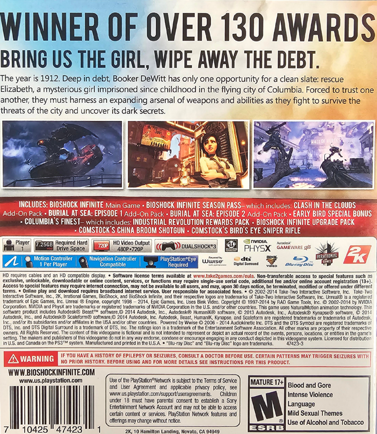 BioShock Infinite The Complete Edition PlayStation 3 PS3 video game featuring first person shooter action adventure gameplay floating city of Columbia exploration immersive story supernatural powers intense combat and iconic characters PlayStation 3 retro video game collection collectible gaming appeal back cover art