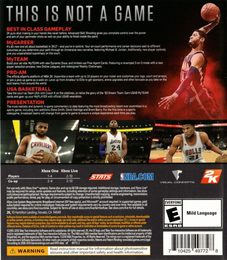 NBA 2K17: back of case for Xbox One (XONE) sports basketball video game.