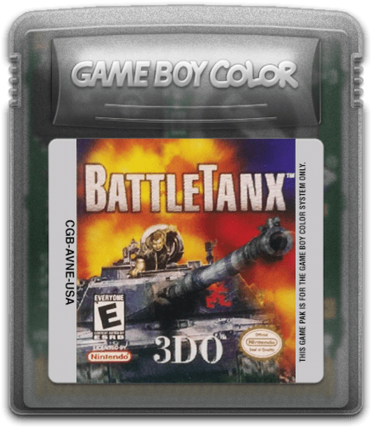 Battletanx Game Boy Color GBC video game featuring tank combat gameplay armored vehicle battles destructive environments weapon attacks enemy tanks challenging missions and classic handheld action retro video game collection collectible gaming appeal game cartridge