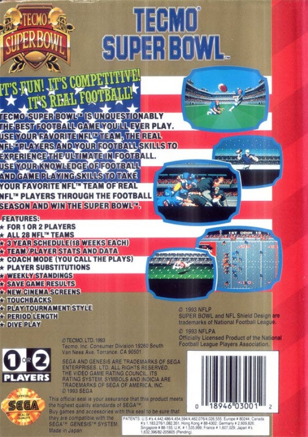 Tecmo Super Bowl III back cover art for Sega Genesis GEN video game