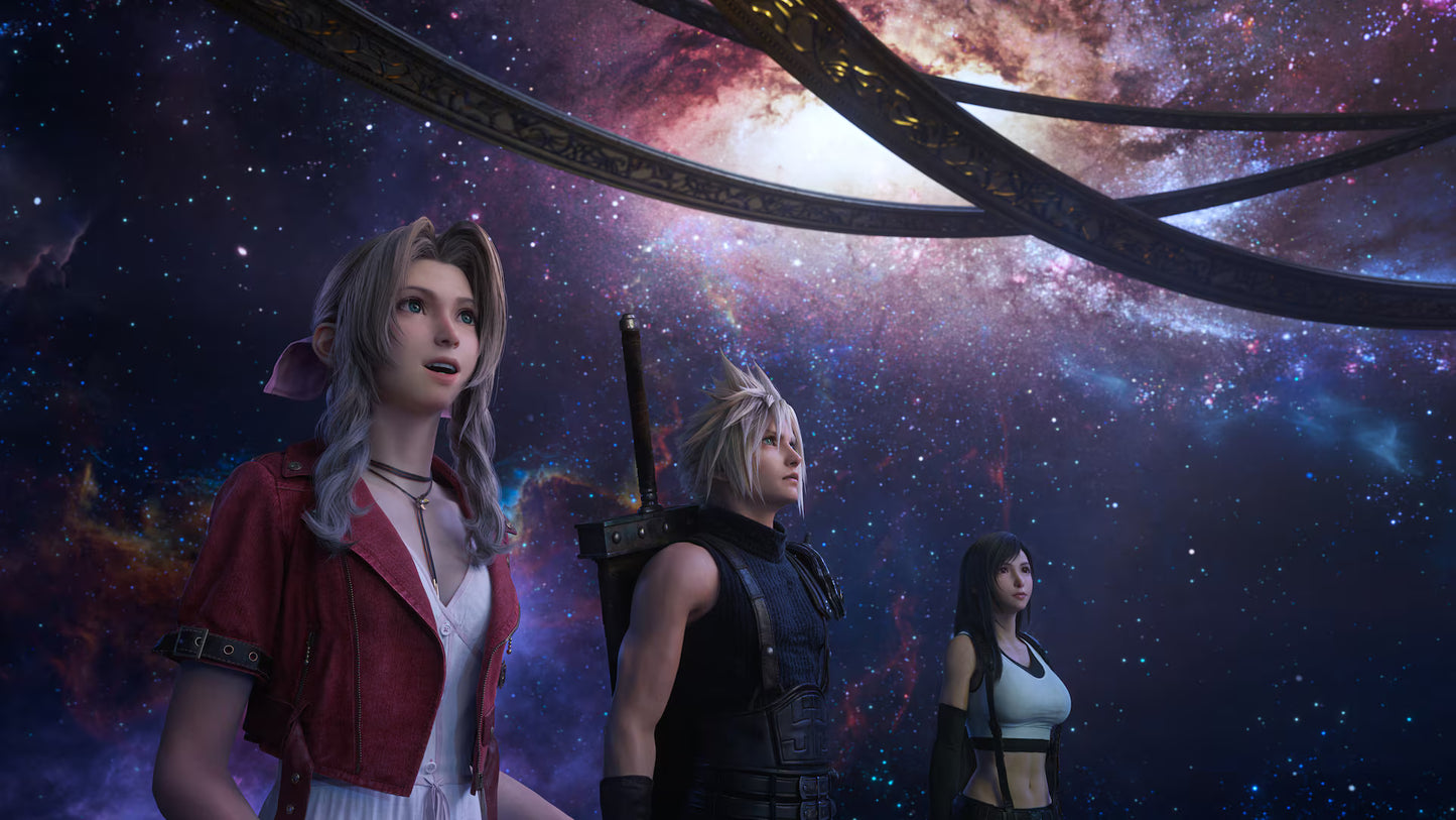 Final Fantasy VII Rebirth Deluxe Edition for PlayStation 5 action RPG featuring Cloud and party exploring the world of Gaia real time combat expanded story and bonus collectible content gameplay