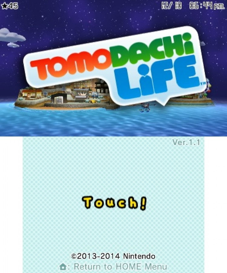 Tomodachi Life for Nintendo 3DS, a life simulation and social simulation game featuring customizable Mii characters, relationships, activities, and humorous everyday adventures title screen