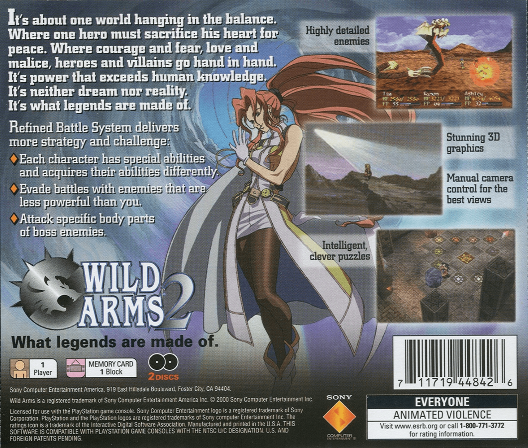 Wild Arms 2 back of case for PlayStation 1 (PS1) role-playing video game