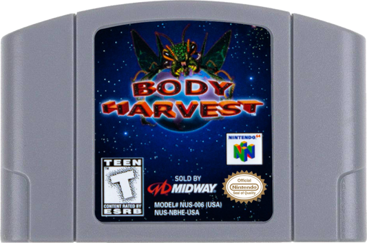 Body Harvest Nintendo 64 N64 video game featuring action adventure gameplay open world exploration alien invasion combat vehicle driving missions weapon battles enemy encounters strategic objectives and classic 64 bit Nintendo gameplay retro video game collection collectible gaming appeal cartridge