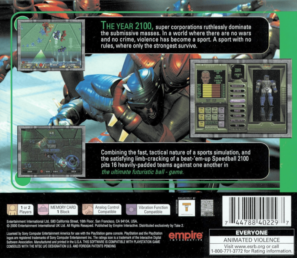 Speedball 2100 back of case for PlayStation 1 (PS1) futuristic sports video game