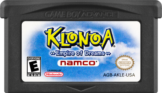 Klonoa Empire of Dreams Game Boy Advance GBA video game featuring action platforming gameplay Klonoa adventure colorful dream worlds enemy encounters puzzle solving wind bullet abilities collectible items and classic handheld Nintendo gameplay retro video game collection collectible gaming appeal cartridge