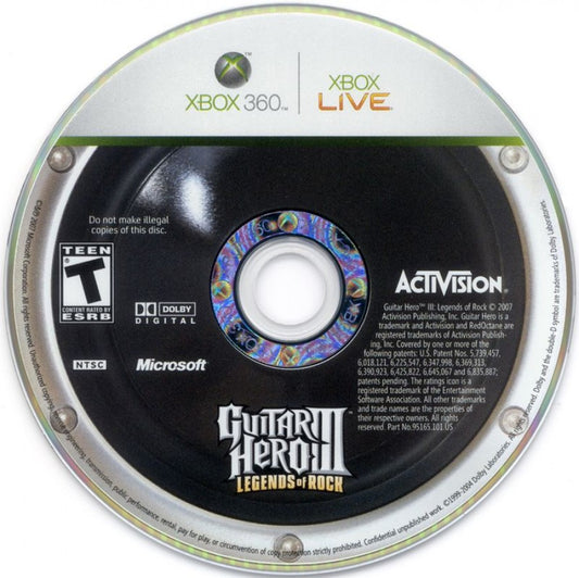 Guitar Hero III: Legends of Rock disc for Xbox 360 (X360) music rhythm video game