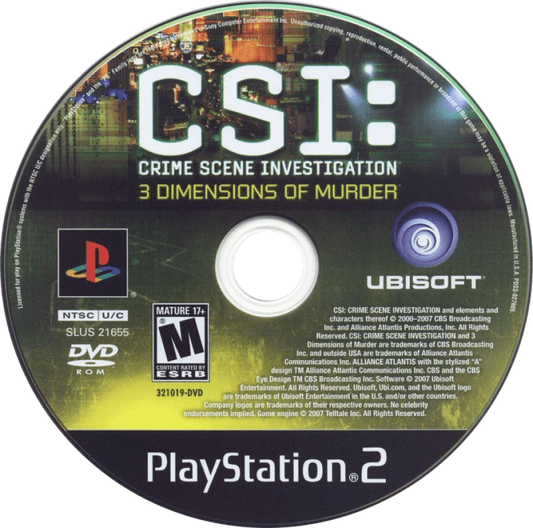 CSI: Dimensions of Murder for PlayStation 2 with crime investigation and forensic mystery gameplay disc