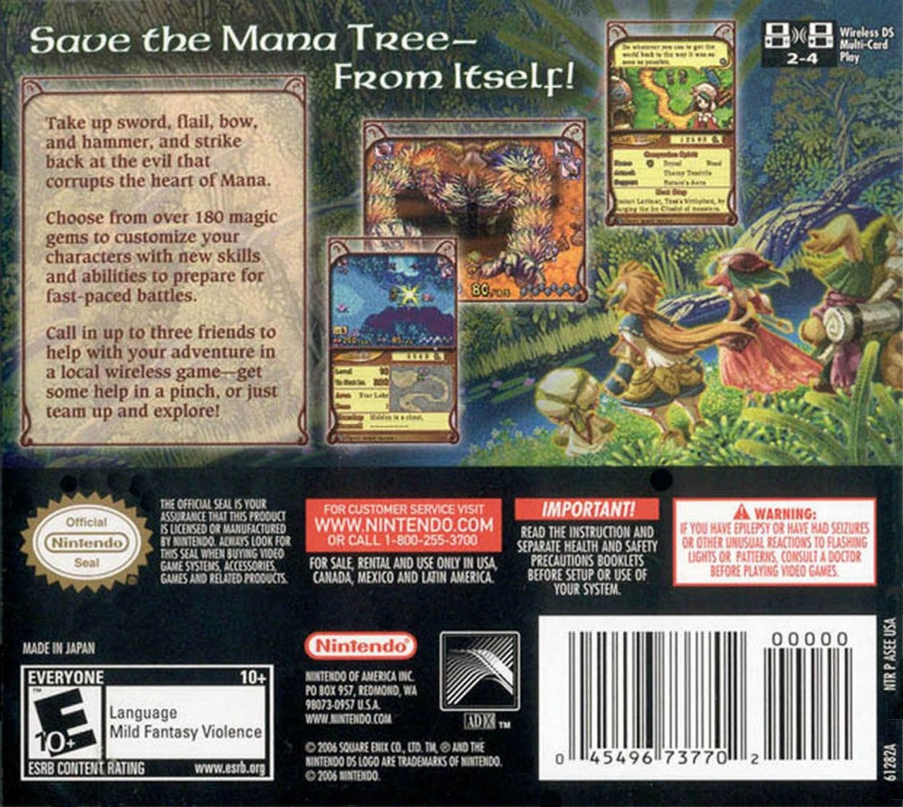 Children of Mana Nintendo DS game featuring action RPG gameplay with real time combat dungeon exploration character progression and cooperative multiplayer in the Mana series fantasy world back cover