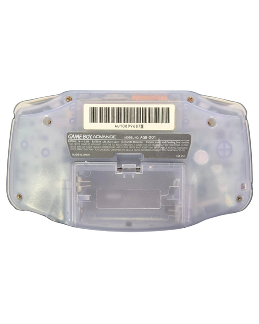Game Boy Advance GBA handheld console Glacier color, portable Nintendo system, retro gaming device, good condition back view of actual console