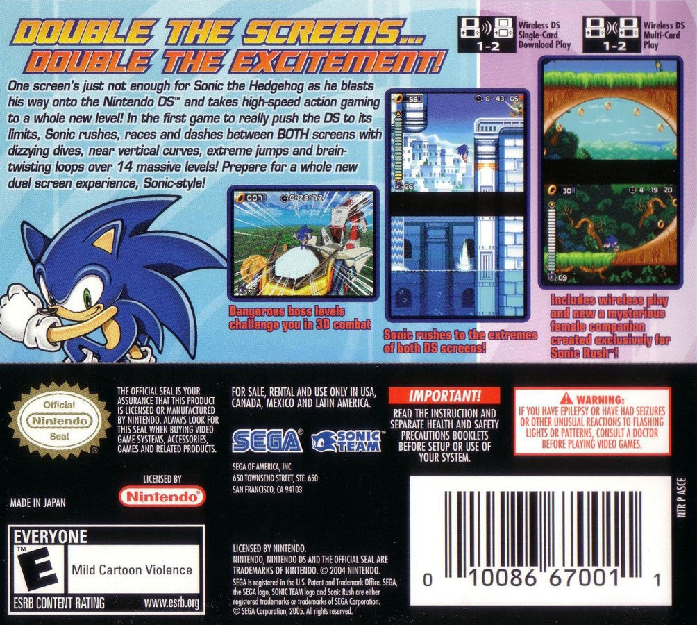 Sonic Rush 2D platformer back of case for Nintendo DS (DS) video game