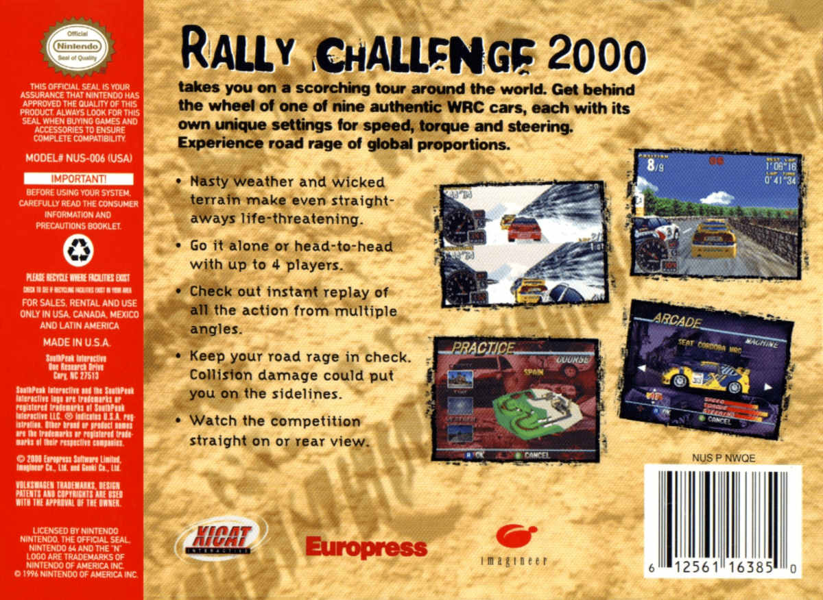 Rally Challenge 2000 back cover art for Nintendo 64 (N64) video game