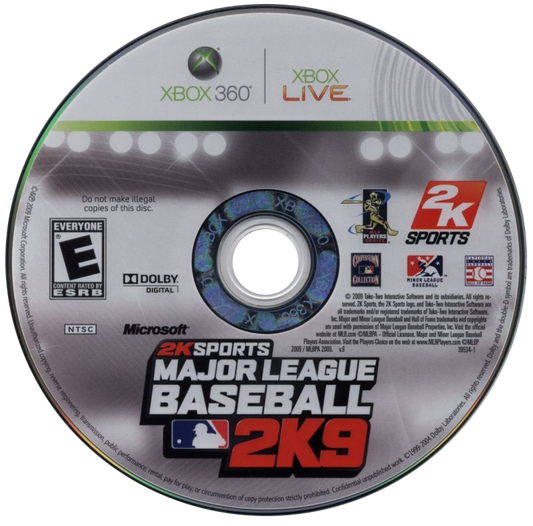 Major League Baseball 2K9 retro Xbox 360 video game featuring baseball simulation gameplay, realistic MLB action, multiplayer sports competition and classic Xbox 360 entertainment - disc