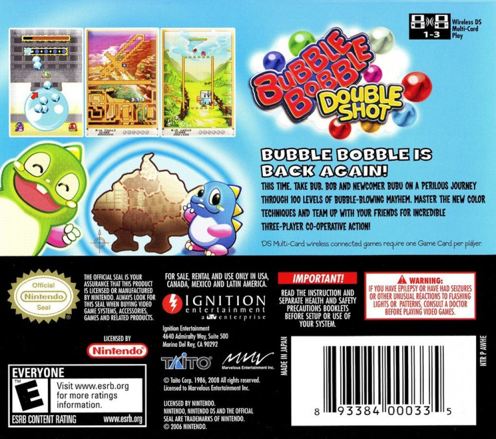 Bubble Bobble: Double Shot back of case for Nintendo DS (DS) classic arcade platforming video game