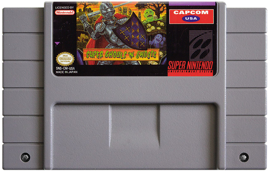 Retro Super Ghouls n Ghosts SNES inspired design featuring classic side scrolling action platformer aesthetic dark fantasy monsters medieval knight armor challenging arcade gameplay gothic horror atmosphere nostalgic Super Nintendo presentation cartridge