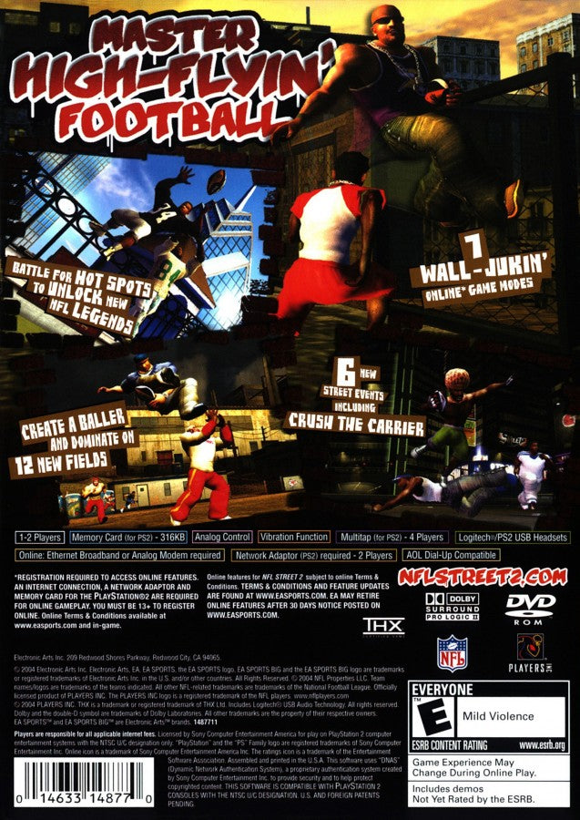 Retro NFL Street 2 PS2 inspired design featuring arcade football action aesthetic vintage PlayStation 2 street style gameplay exaggerated tackles trick plays urban sports culture fast paced multiplayer competition iconic EA Sports BIG presentation nostalgic football gaming energy - back of case