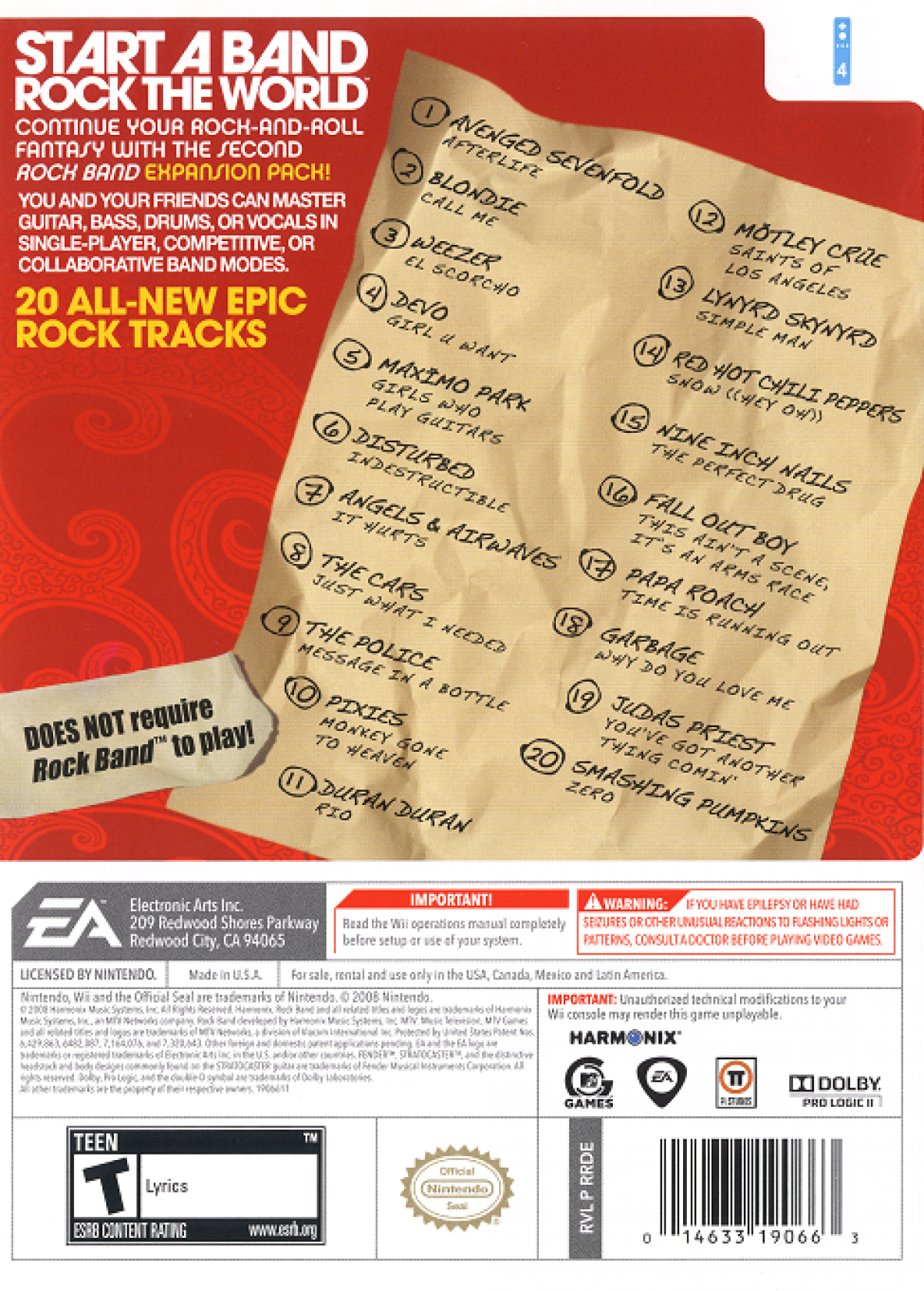 Rock Band Track Pack: Volume 2 – Nintendo Wii (Wii) rhythm music expansion pack video game back of case