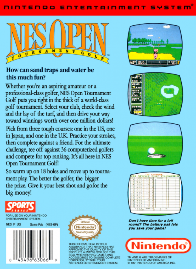 NES Open Tournament Golf back of box for Nintendo Entertainment System NES retro video game