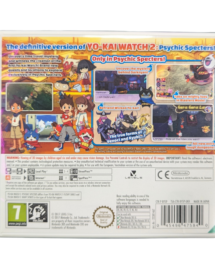 Yo-kai Watch 2 Psychic Specters Nintendo 3DS video game, PAL import edition, RPG adventure, monster collecting and battles, handheld console title back cover