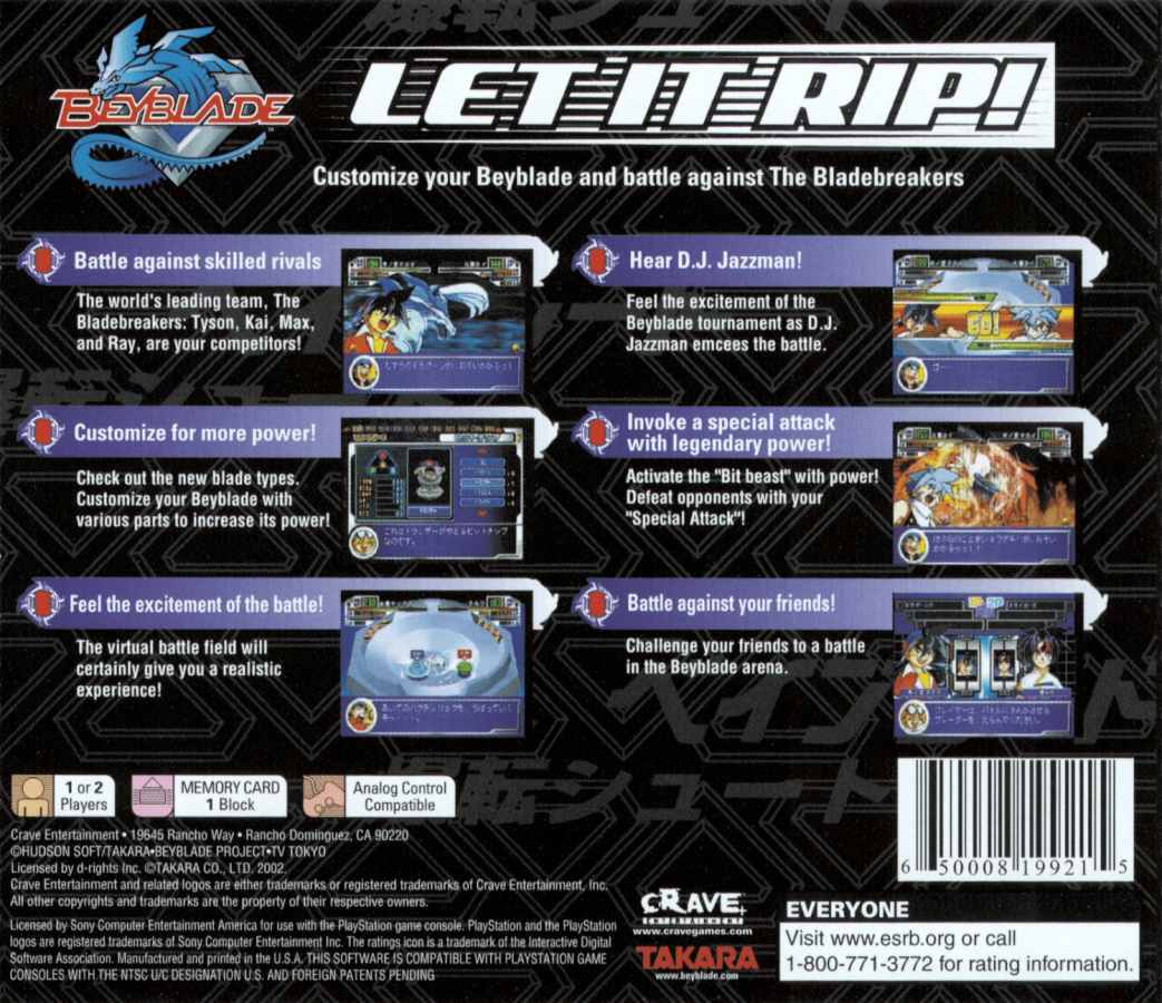 Beyblade: Let It Rip back of case for PlayStation 1 (PS1) retro video game