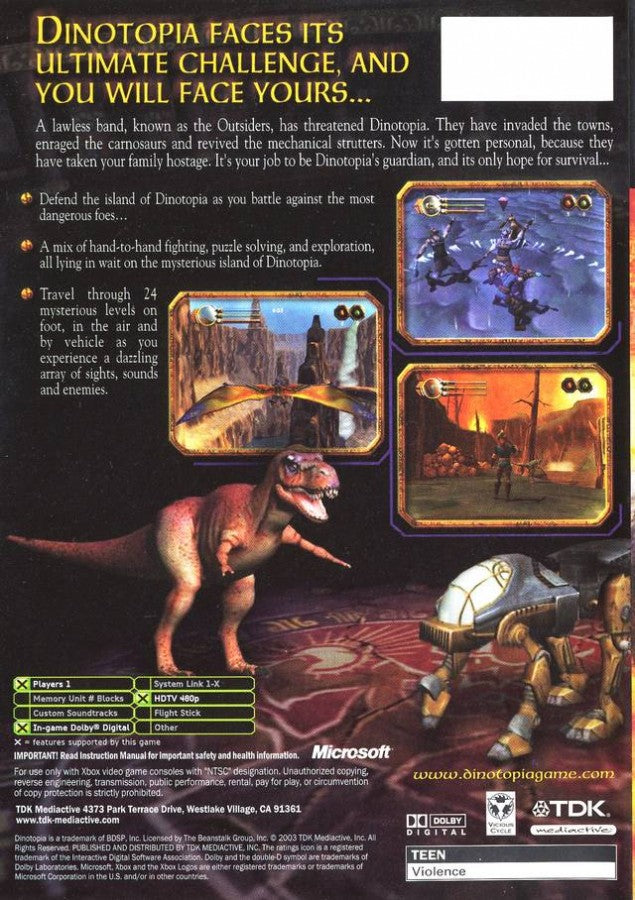 Dinotopia Sunstone Odyssey retro Xbox video game Dinotopia fantasy adventure dinosaur world exploration action puzzle solving story driven console title Xbox release back of case