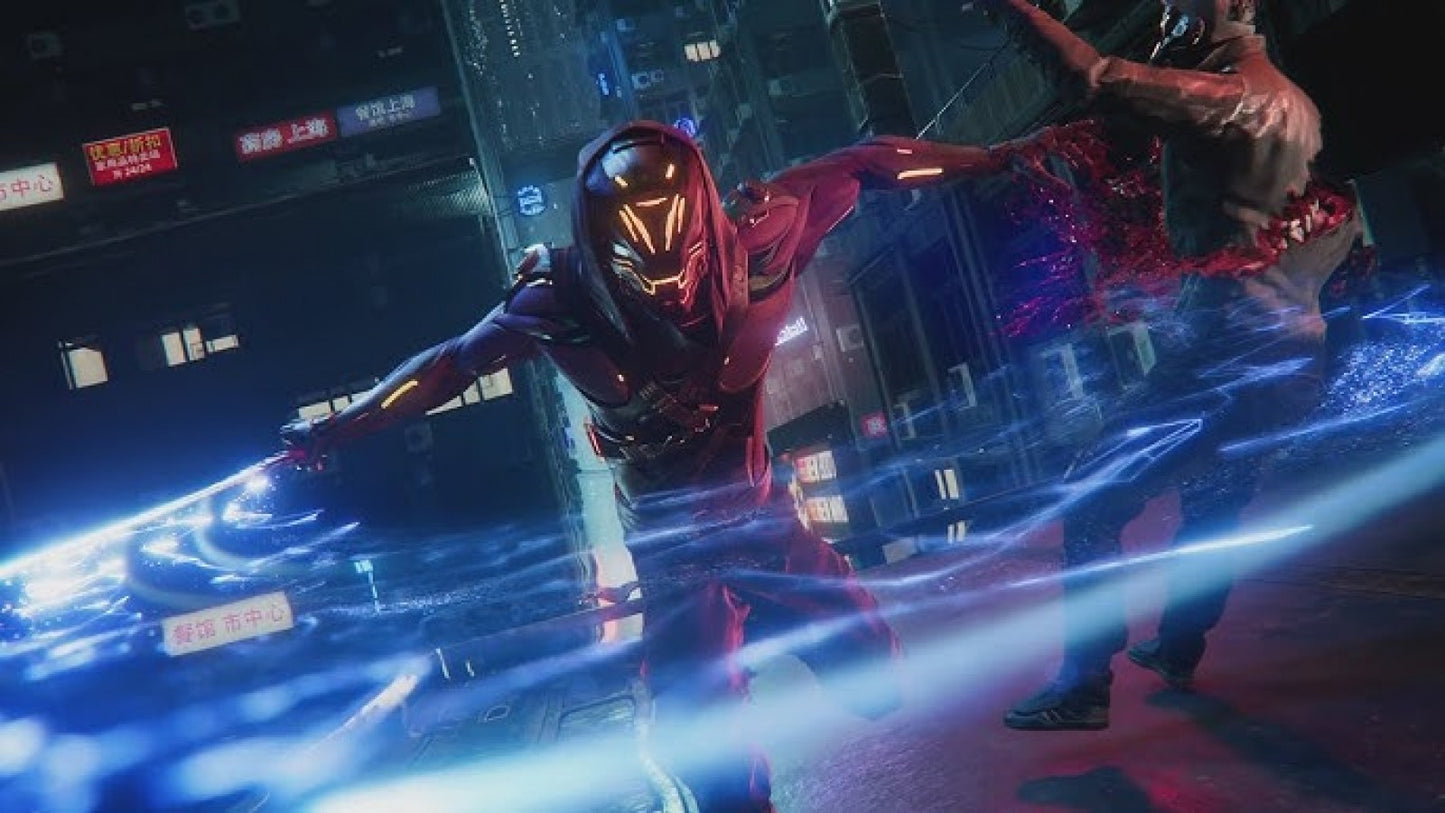 Ghostrunner game for the Xbox Series X featuring fast paced first person action gameplay with parkour movement one hit combat cyberpunk environments and precision platforming as players slice through enemies in a futuristic city gameplay