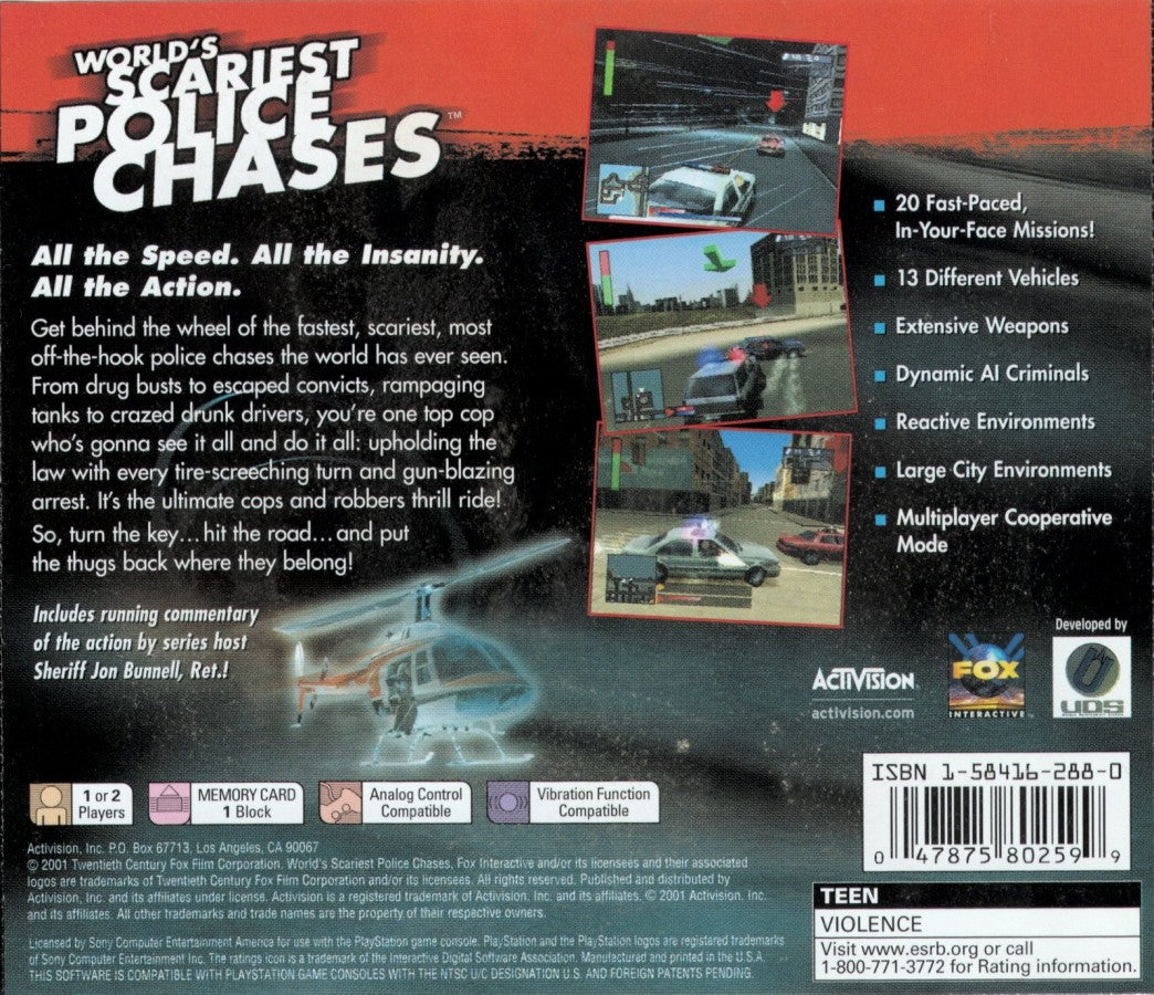 World's Scariest Police Chases Sony PlayStation PS1 video game featuring police driving action gameplay high speed pursuits police vehicles chase missions traffic enforcement dangerous criminals road chases emergency response and classic 32 bit PlayStation gameplay retro video game collection collectible gaming appeal back cover art