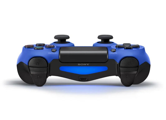 DualShock 4 wireless controller in blue featuring classic PlayStation button layout and responsive analog controls