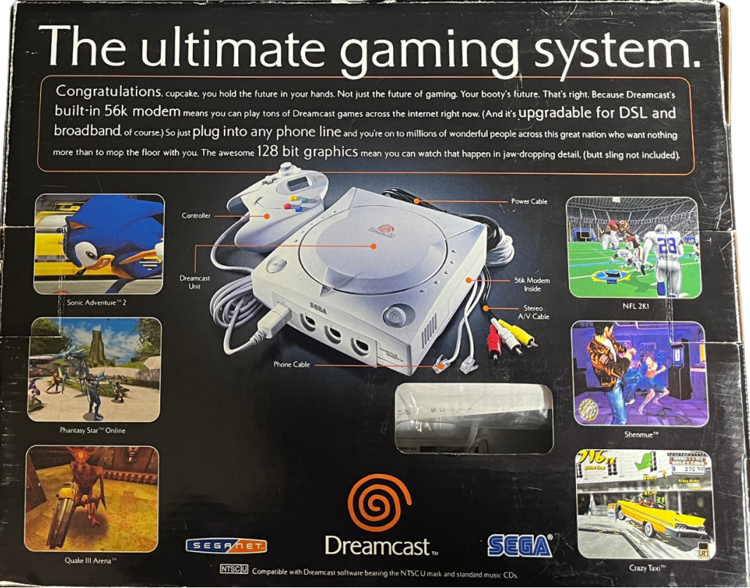 Sega Dreamcast console CIB complete in box system Sega Dreamcast hardware original box controller cables manuals GD ROM disc gaming retro console 128 bit gaming system Sega console bundle complete set box back