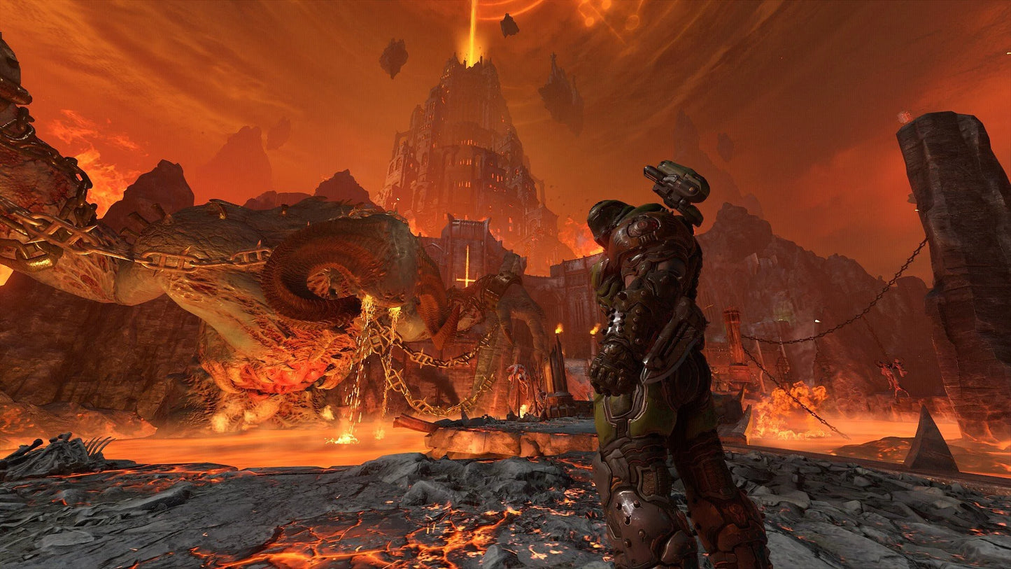 DOOM Eternal PS4 game featuring fast-paced first-person shooter action, intense demon-slaying combat, and brutal high-speed gameplay