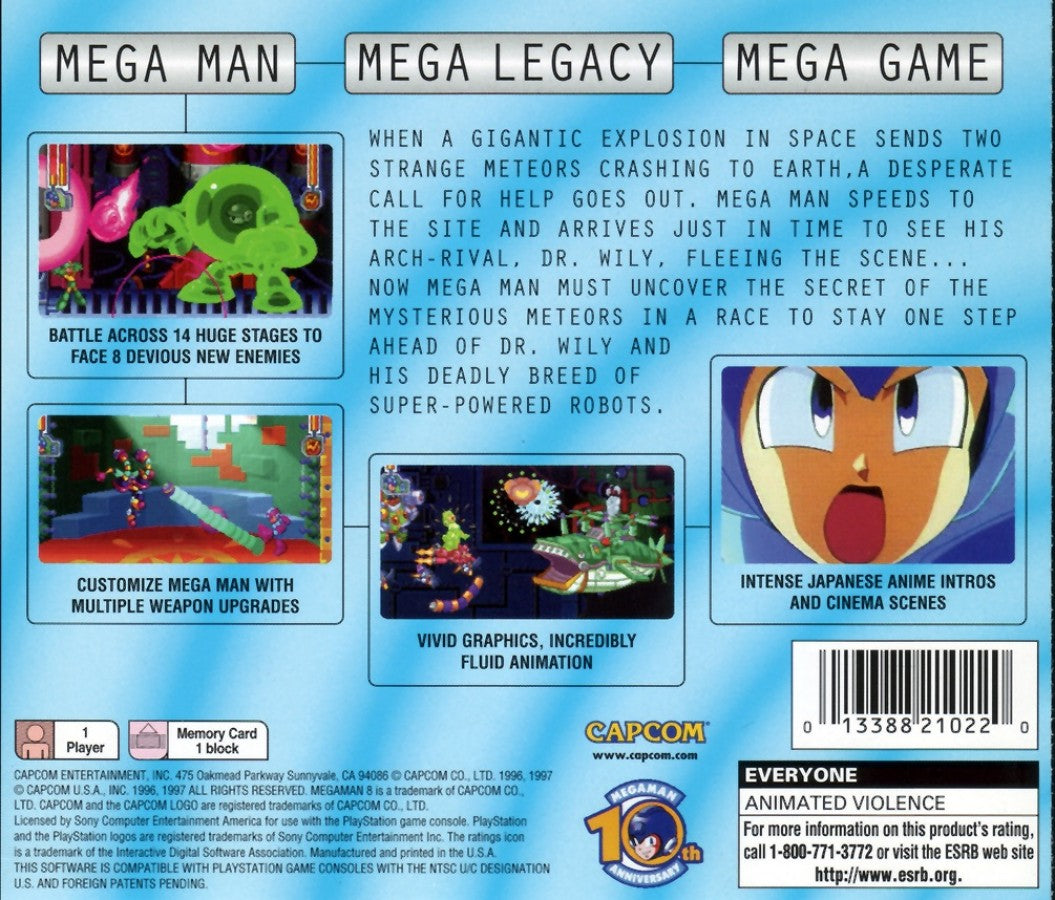 Retro Mega Man 8 Anniversary Collectors Edition inspired design featuring classic Capcom platformer action aesthetic vintage PlayStation era robot masters Dr Wily futuristic 2D side scrolling gameplay nostalgic blue bomber adventure back cover art