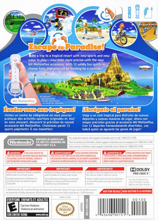 Wii Sports Resort back cover art for Nintendo Wii (Wii) featuring motion‑controlled island activities like swordplay, archery, basketball, wakeboarding, and frisbee in a tropical resort setting.