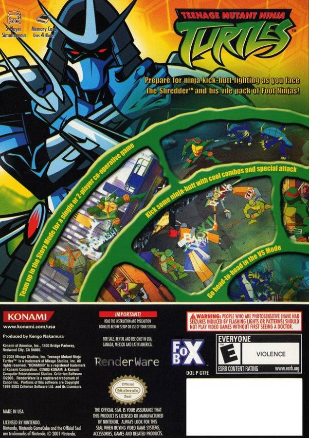 Teenage Mutant Ninja Turtles GameCube GC video game, action beat ’em up, cartoon-based gameplay, multiplayer, family-friendly, Nintendo GameCube title back cover art