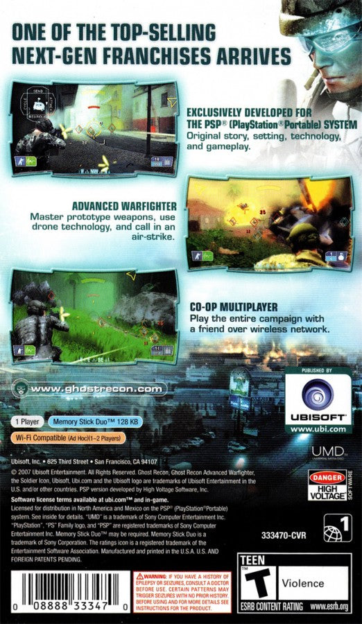 Tom Clancy's Ghost Recon: Advanced Warfighter 2 – back of case for PlayStation Portable (PSP) tactical shooter game