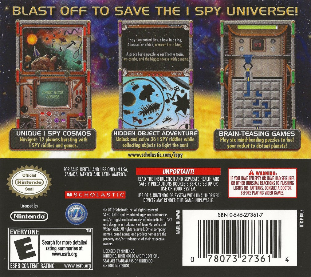 I Spy Universe Nintendo DS DS for hidden object puzzle retro video game fans featuring search and find gameplay brain teasing challenges interactive puzzles colorful scenes family friendly entertainment classic handheld gaming collectible gaming appeal back of case