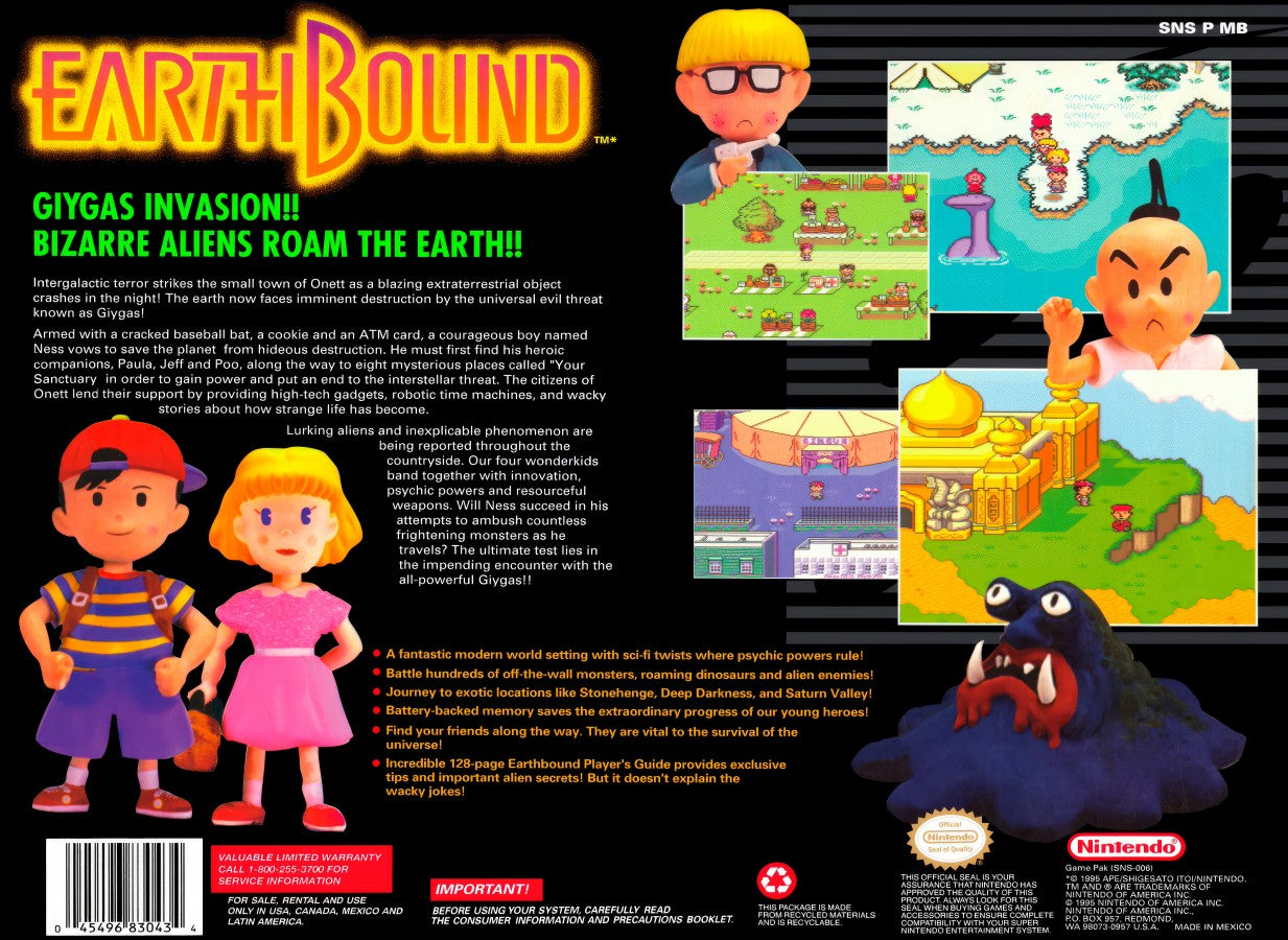 EarthBound SNES Super Nintendo game classic RPG adventure Nintendo retro video game cartridge collectible rare cult favorite turn based role playing game for SNES console back cover art