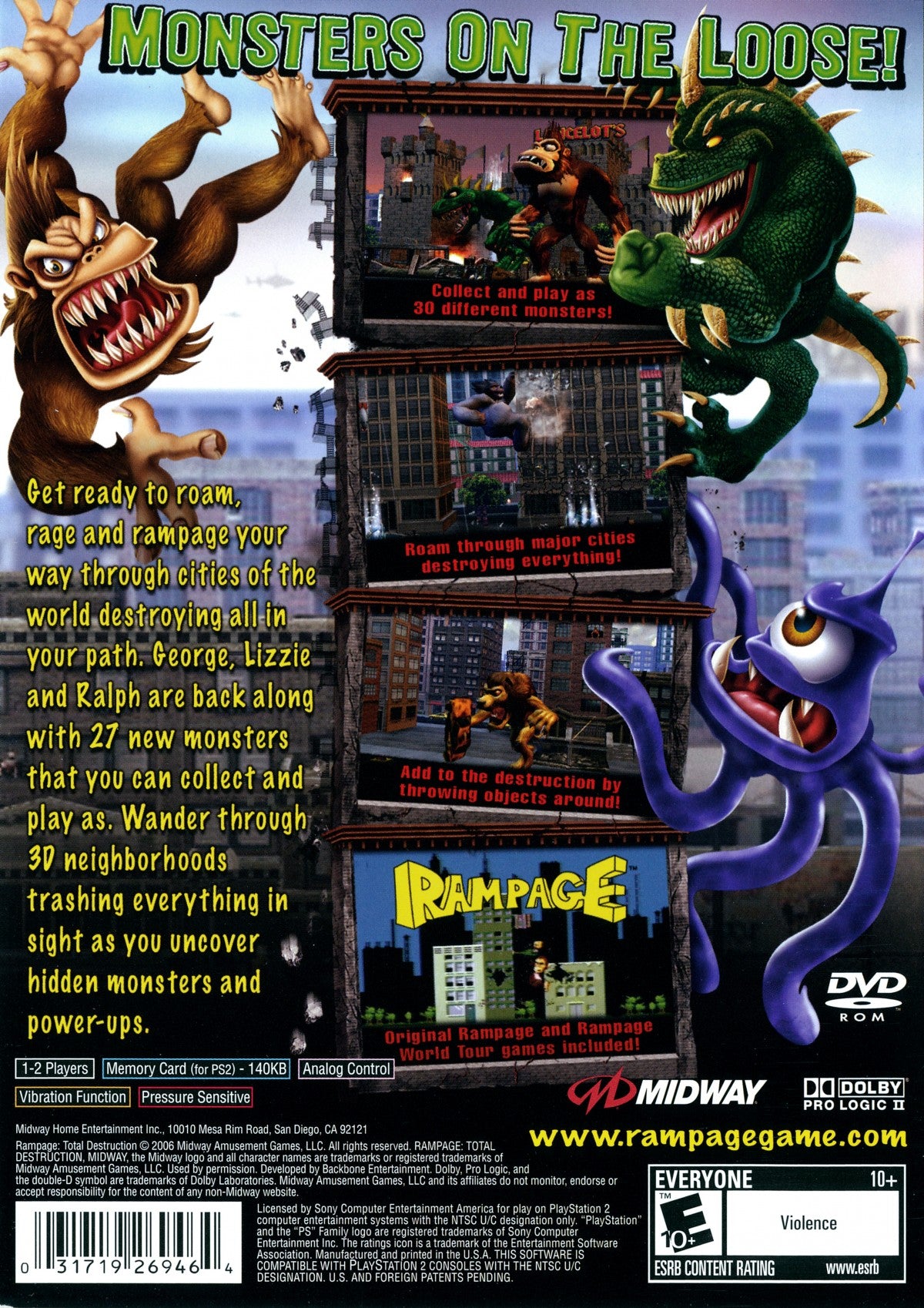 Rampage Total Destruction PS2 Sony PlayStation 2 arcade action game monster destruction city smashing gameplay cooperative multiplayer classic Rampage creatures giant monster rampaging buildings vehicles retro gaming PlayStation 2 software video game title back cover art