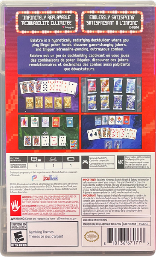 Balatro Nintendo Switch inspired design featuring roguelike deck building card game aesthetic strategic poker inspired mechanics powerful joker combinations score chasing progression addictive indie gameplay stylish modern presentation back art