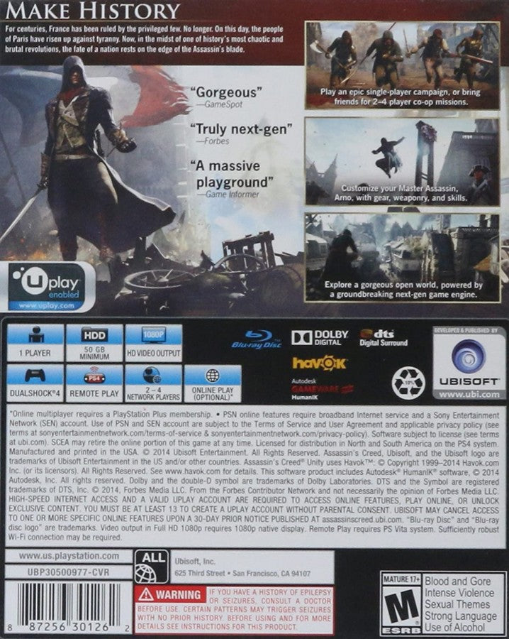 Assassin’s Creed: Unity PlayStation 4 (PS4) video game back of case open world action adventure