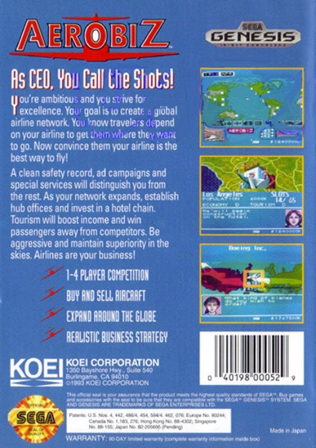 Aerobiz back cover art for Sega Genesis (GEN) video game