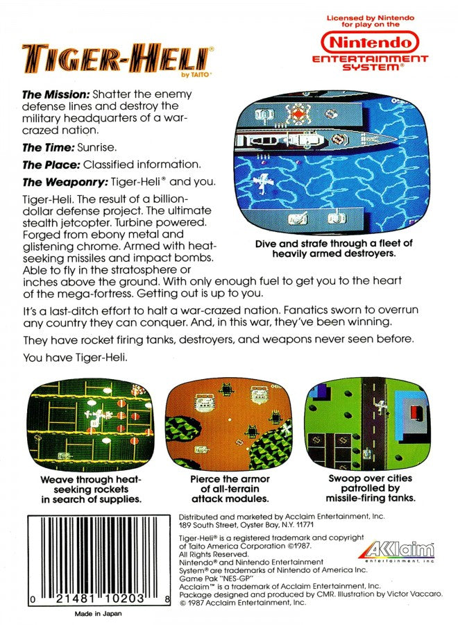 Tiger-Heli Complete in Box CIB Nintendo Entertainment System NES for retro video game enthusiasts featuring classic vertical scrolling shoot em up gameplay military helicopter combat fast paced arcade action challenging enemy formations complete in box collectible gaming appeal back cover