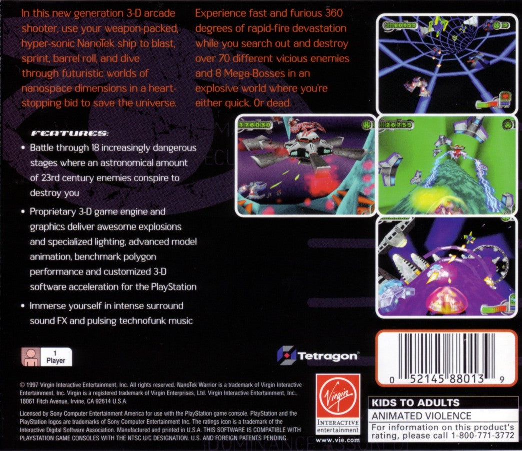 Nanotek Warrior PlayStation PS1 for action shooter video game fans featuring futuristic tank combat fast paced sci fi battles powerful weapons enemy encounters maze like environments challenging missions explosive action classic PlayStation gameplay collectible gaming appeal back cover art