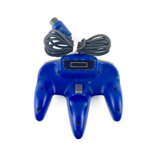 Bottom view of the blue Nintendo 64 controller, showing connector port and structural design for stable grip
