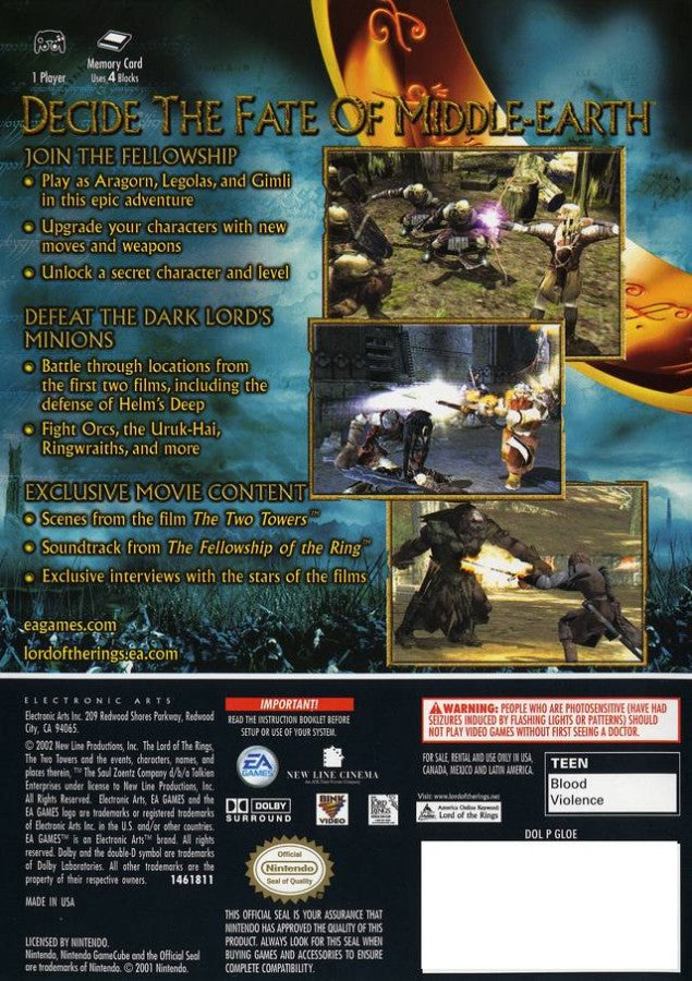 Back cover art for The Lord of the Rings The Two Towers Player’s Choice GameCube GC video game, action RPG, fantasy adventure, movie tie-in, multiplayer, Nintendo GameCube classic