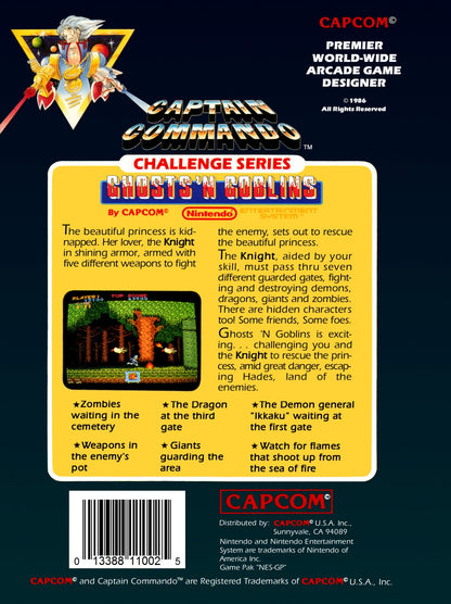 Ghosts 'n Goblins cartridge for the Nintendo Entertainment System featuring a challenging 8 bit side scrolling action platformer with knight Arthur battling hordes of demons and undead enemies back cover art