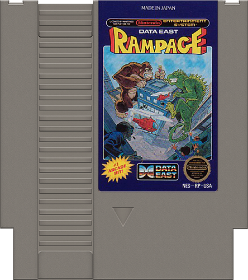 Rampage Nintendo Entertainment System NES arcade-style action video game featuring giant monsters smashing buildings battling military forces climbing skyscrapers destroying cities and classic Nintendo Entertainment System NES gameplay collectible retro gaming appeal game cartridge