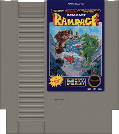 Rampage Nintendo Entertainment System NES arcade-style action video game featuring giant monsters smashing buildings battling military forces climbing skyscrapers destroying cities and classic Nintendo Entertainment System NES gameplay collectible retro gaming appeal game cartridge